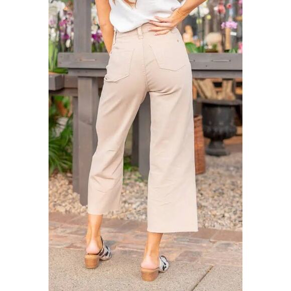 Judy Blue Garment Dyed High Rise Crop Jeans 5/27 Raw Hem JB88638 C-CO Khaki Wide - Picture 4 of 10
